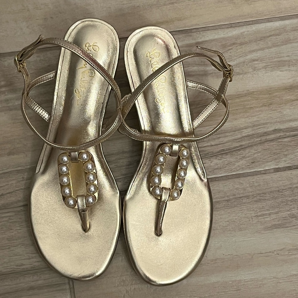 Lilly Pulitzer Good as Gold w/Pearls Wedge Sandals Size 7.5